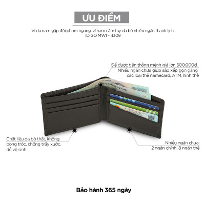 Ví da nam gập đôi phom ngang, ví nam cầm tay da bò nhiều ngăn thanh lịch IDIGO MW1-4309