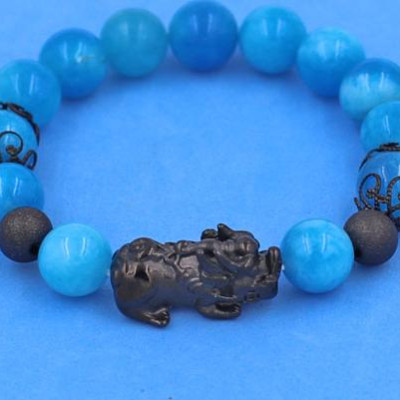 Vòng đeo tay Đá Ngọc Tủy Xanh Biển size 10 ly mix Tỳ Hưu inox phối charm - hợp mệnh Mộc, mệnh Thủy