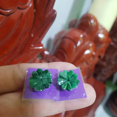 Đôi Bông Tai Bông Mai Trái Tim Size trung mới đẹp 14mm x 4mm Đá Ngọc cẩm thạch tự nhiên xanh đậm điểm sơn thủy bóng đẹp Nữ mệnh Thủy bọc vàng đeo rất đẹp sang ạ