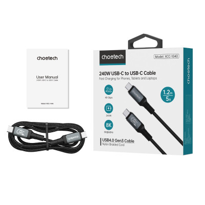 Cáp sạc nhanh Type C to Type C 240w Choetech XCC-1040 hỗ trợ truyền tải dữ liệu 8K@60Hz - Hàng chính hãng