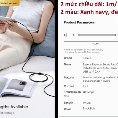 Cáp sạc dành cho iPhone 2.4A tự ngắt khi đầy Baseus Explorer Series CATS000401- Hàng chính hãng