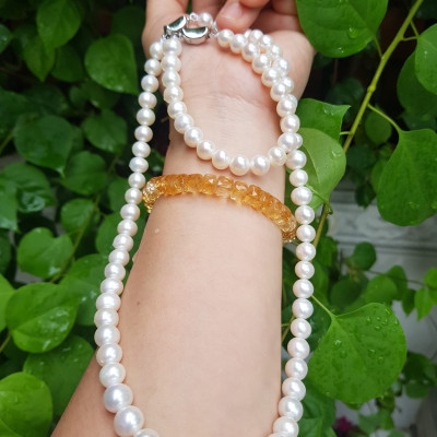 Bộ Trang Sức Ngọc Trai Trắng Bóng đẹp lắm ạ Size hạt 8mm có khoen đẹp Combo gồm cả vòng và Dây đeo cổ đẹp sang món quà ý nghĩa luôn ạ