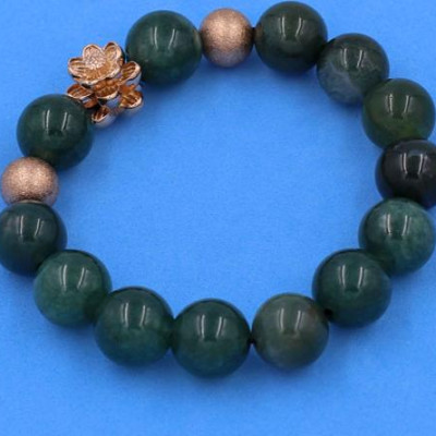 Chuỗi tay Cẩm Thạch Xanh Đậm 12 ly mix hoa sen vàng hồng VCTXDHSHBH12 - Vòng tay hoa sen inox 304, không rỉ sét