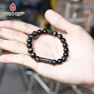 Vòng tay đá mắt hổ xanh đen phối charm hợp kim 8mm mệnh thủy,mộc - Ngọc Quý Gemstones