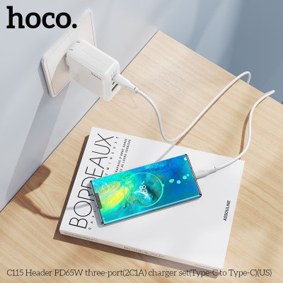 Bộ sạc nhanh 65W chân sạc Typec cao cấp cho điện thoại tiện lợi với 2 cổng type-C, 1 cổng USB an toàn chống cháy nổ  - Hàng nhập khẩu