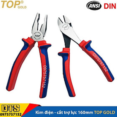 Bộ 2 kìm điện - cắt trợ lực chuyên nghiệp TOP GOLD 160mm, thép Hi-Cr cao cấp, thiết kế cộng lực tiết kiệm 50% lực bấm