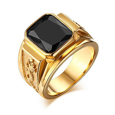 Nhẫn nam inox kiểu chạm rồng 2 bên trangsucpt đá đen nhẫn màu mạ vàng thép không gỉ PTNNA254