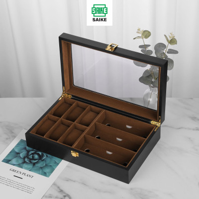 Hộp Đồng Hồ Và Mắt Kinh SAIKE SAIKE S6886 Mẫu Đựng 6 Đồng Hồ Và 3 Mắt Kính Vỏ Gỗ Cao Cấp Lót Nhung Màu Nâu