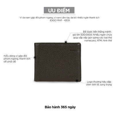 Ví da nam gập đôi phom ngang, ví nam cầm tay da bò nhiều ngăn thanh lịch IDIGO MW1-4309