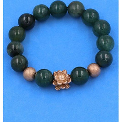 Chuỗi tay Cẩm Thạch Xanh Đậm 12 ly mix hoa sen vàng hồng VCTXDHSHBH12 - Vòng tay hoa sen inox 304, không rỉ sét