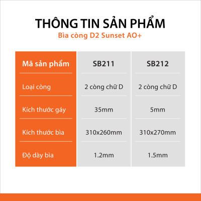 Bìa file còng A4 Sunset đựng tài liệu AO+, bìa nhựa PP 2 còng nhẫn D chắc chắn (3.5cm/5cm) SB211/SB212
