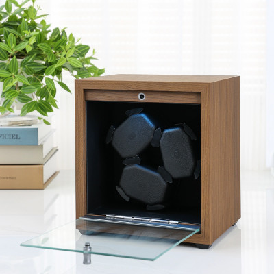 Hộp Đồng Hồ Cơ Xoay Chất Liệu Gỗ Có Mặt Kính Và Đèn Led Dành Cho 3 Chiếc