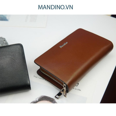 Clutch Ví Cầm Tay Nam, Nữ Mandino 2 Ngăn Khóa Kéo Da Bò Nappa Nhỏ Gọn Tiện Dụng CT521