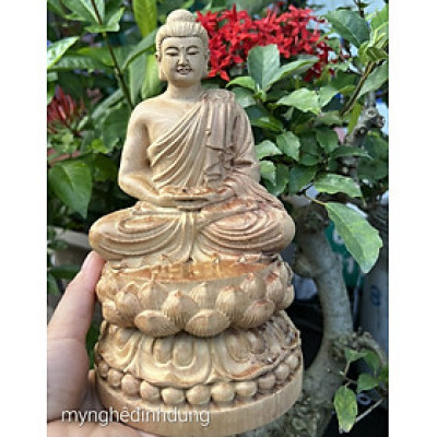 Tượng phật thích ca mô ni bằng gỗ bách xanh thơm nức kt cao 20x12cm