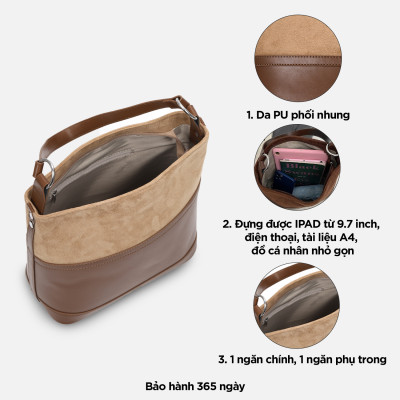 Túi đựng tài liệu A5 IDIGO FB2 - 5060, túi xách nữ công sở phom đứng phối nhung mềm mại