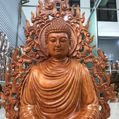 Tượng phật thích ca bằng gỗ hương đá kt cao 40×20×20cm+ lá chắn hòa quang 50cm