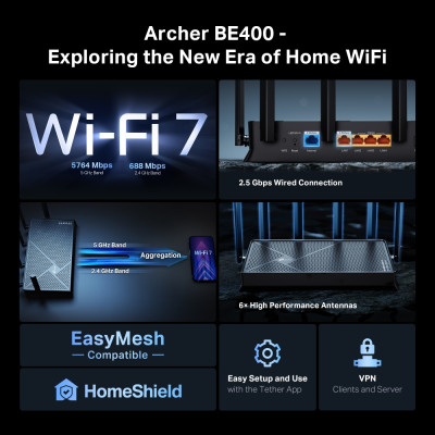 Router WIFI 7 TP-Link BE400 | WIFI 7 BE6500 2 băng tần 2.4 & 5.0 GHz | 6 anten | EasyMesh | App Tether | Bảo hành 2 năm | Hàng Chính Hãng