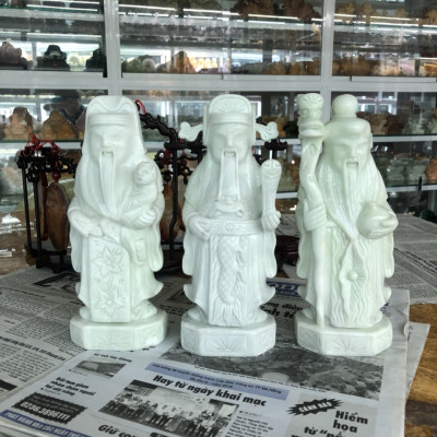 Bộ tượng Tam Đa Phúc Lộc Thọ đá cẩm thạch trắng xanh - Dài 25 cm