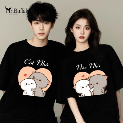 Áo đôi, cặp tay lỡ unisex Mèo mochi nóc nhà, cột nhà dễ thương Mr.Buffalo T96T97