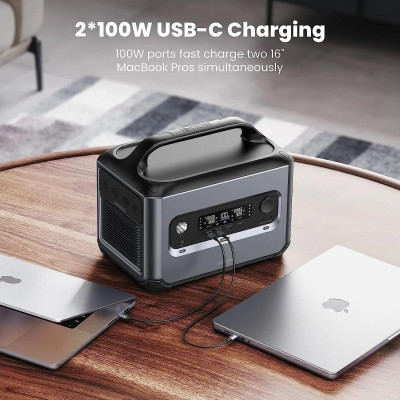Ugreen UG15050GS600TK max 1200w ra 2c2a2dc + 220v EU x 2 LCD trạm sạc di động 600W pin rắn LFP BYD input solar - car - ac dùng app IOT - HÀNG CHÍNH HÃNG