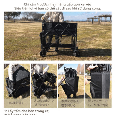 Xe kéo dã ngoại 2 tầng ngoài trời du lịch cắm trại, picnic đa năng bánh xe rộng có khóa cố định dung tích 300l gấp gọn được camping