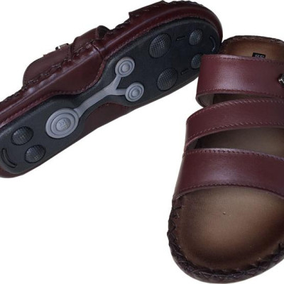 Dép nam quai ngang TRƯỜNG HẢI đế âm ba quai da bò thật mặt đế cao su chống mòn không trơn THQN499