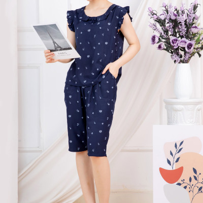 Đồ bộ nữ cộc tay - Đồ bộ mặc nhà - Đồ ngủ mặc nhà nữ - Đồ bộ nữ lửng - Set bộ đũi mặc nhà nữ Vicci BDT.01 áo cánh tiên quần lửng hoạ tiết hoa trắng