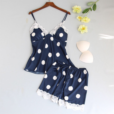 Bộ ngủ lụa hai dây chấm bi phối ren dễ thương sexy Q118 - Đồ ngủ lụa - Đầm ngủ - Bộ quần áo ngủ