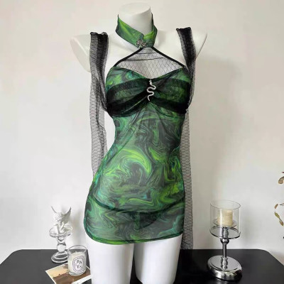 Váy Ngủ Lưới Mỏng Cổ Yếm Họa Tiết Á Đông ,Váy Ngủ Ren Cổ Yếm Cách Tân ,Đầm Lưới Ngủ Hoạ Tiết Khói Loang ,Set Váy Ngủ Cổ Tàu Xuyên Thấu Cổ Trang 