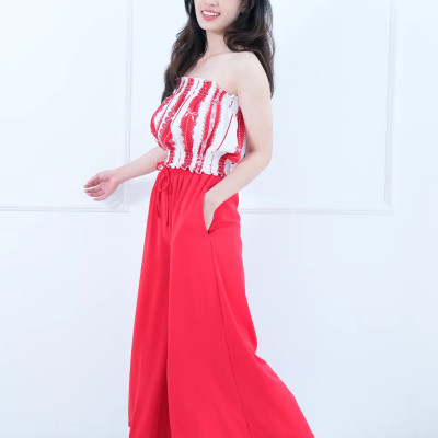 Đồ Bộ Mặc Nhà LMcation - Áo ống Carol màu sọc nơ đỏ & Quần váy dài Mila màu đỏ