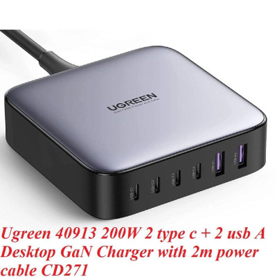 Ugreen UG40913CD271TK 200W Màu Đen Bộ sạc nhanh Nexode USB-C GaN gồm 4 cổng USB C và 2 cổng USB A kèm cáp nguồn dài 2M - HÀNG CHÍNH HÃNG