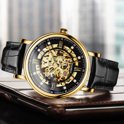 Đồng hồ nam chính hãng LOBINNI L9010-1 ,Kính sapphire chống xước,Chống nước 50m,bảo hành 24 tháng,Máy cơ(Automatic,dây da đen xịn,máy lộ cơ