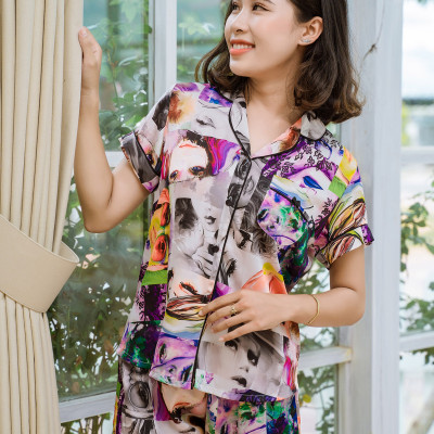Bộ Ngắn Pijama RBI Mặc Nhà Satin In Họa Tiết
