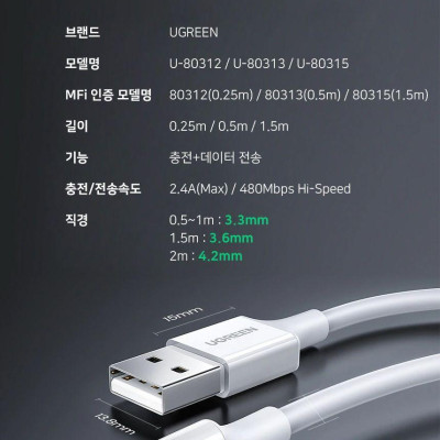 Ugreen UG80315US155TK 1.5M có chip MFI màu trắng Cáp sạc và truyền dữ liệu USB sang lightning - HÀNG CHÍNH HÃNG