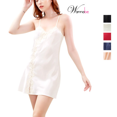 Đầm ngủ lụa WANNABE DNS59 váy ngủ xẻ đùi viền ren khoe chân dài quý phái sang trọng