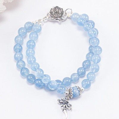 Vòng Chuỗi Hạt Đeo Tay 2 Lines Đá Hải Lam Ngọc Phối Charm Tiên Cá Bạc (6mm) mệnh Thủy, Mộc Ngọc Quý Gemstones