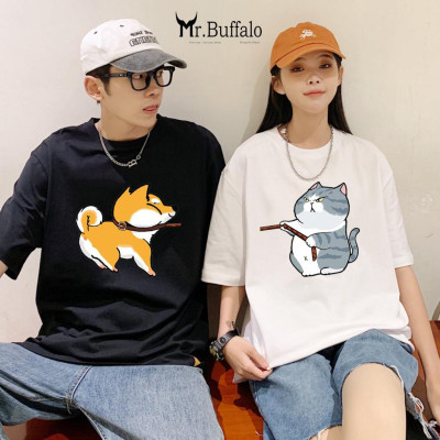 Áo Thun Đôi, Cặp Mr.Buffalo mèo kéo chó Tshirt Cotton 100% có bigsize Unisex Form Oversize Local Brand CP11CP12