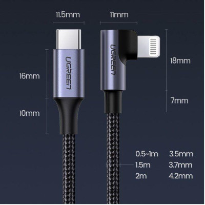 Ugreen UG60764US305TK 1.5M đầu lightning bẻ 90 độ có chip MFI ra cáp USB type C màu đen - HÀNG CHÍNH HÃNG