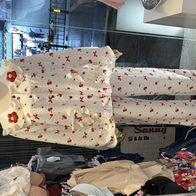 Bộ Đồ Ngủ Cotton Đũi Tay Dài Quần Dài Đính Nơ Thêu Hoa Dễ Thương