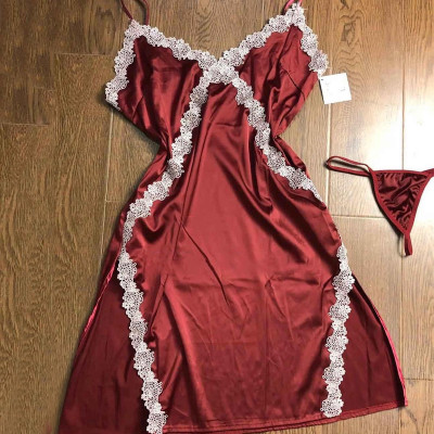Váy ngủ lụa hai dây phối ren chéo ngực vạt xẻ tà gợi cảm Q92 - Đầm ngủ lụa hai dây sexy - Đồ ngủ nữ quyến rũ - Đồ ngủ mạc nhà