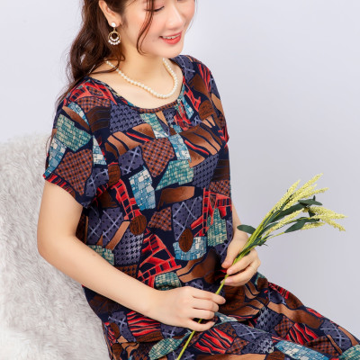 Bộ đồ nữ mặc nhà trung niên cho các bà, các mẹ - Bộ đồ ngủ lanh (tole) - Bộ mặc nhà trung niên vải lanh (tole) Vicci BGD.082 áo cộc tay phối quần dài in hoạ tiết
