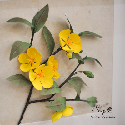 Tranh Hoa Giấy Handmade Trang Trí - Hoa Mai Kết Hợp Giấy Dó MAYPAPERFLOWER Khung Tranh Gỗ Size 25x25cm