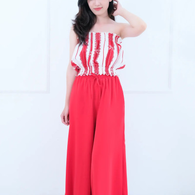 Đồ Bộ Mặc Nhà LMcation - Áo ống Carol màu sọc nơ đỏ & Quần váy dài Mila màu đỏ