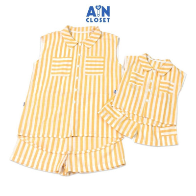 Bộ quần áo ngắn cho mẹ họa tiết Kẻ vàng trắng cổ sơ mi linen cotton - AICDMEXU7K6V - AIN Closet