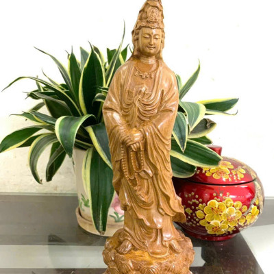 Tượng phật bà quan thế âm bồ tát bằng gỗ bách xanh kt cao 20×8×6,5cm 