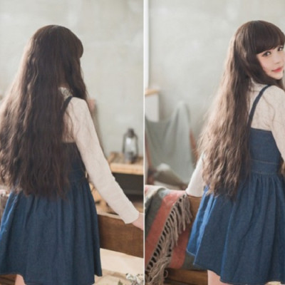 Tóc giả nữ nguyên đầu giống hình tương đối 90%, mái ngang, xoăn đẹp (tặng kèm 1 cái lưới trùm tóc)