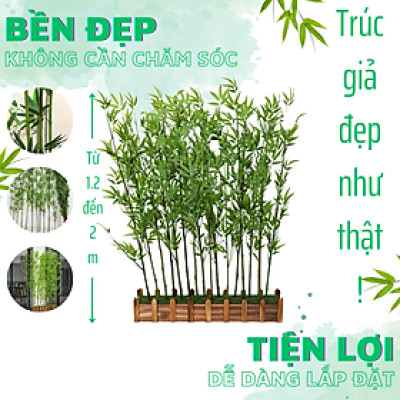 Trúc giả trang trí Set 20 cây trúc xịn nhiều lá kèm 2,5m chậu hàng rào - Cây giả, hoa lụa Decor trang trí nhà cửa