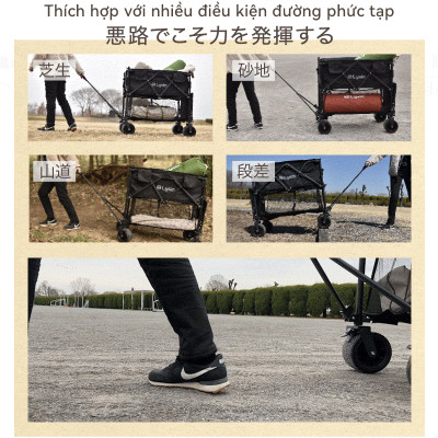 Xe kéo dã ngoại 2 tầng ngoài trời du lịch cắm trại, picnic đa năng bánh xe rộng có khóa cố định dung tích 300l gấp gọn được camping