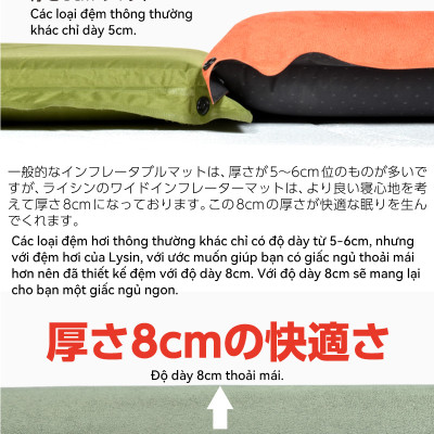 Lysin - đệm nằm dã ngoại (roonjgcm dày 8cm, chất liệu da lộn) tự bơm hơi thoảng mái chống thấm nước cắm trại ngoài trời, picnic du lịch camping có thể liên kết với nhau