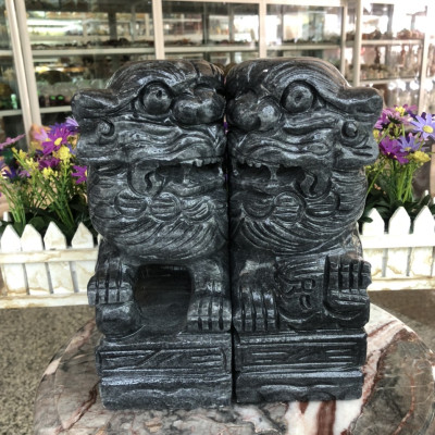 Cặp Kỳ Lân phong thủy quay đầu đá cẩm thạch vân đen - Cao 25 cm